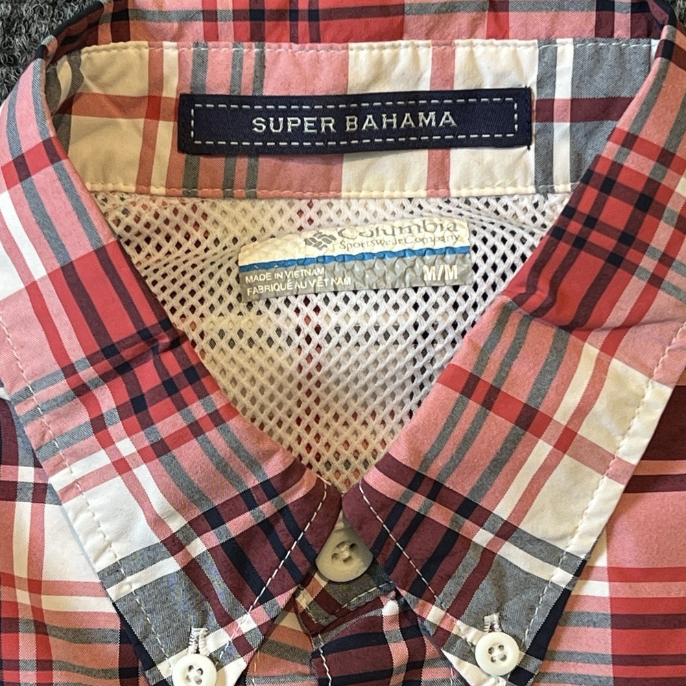 Columbia Super Bahama Shirt Mens M Red Black Plaid Short Sleeve Fishing Vented - Picture 3 of 6